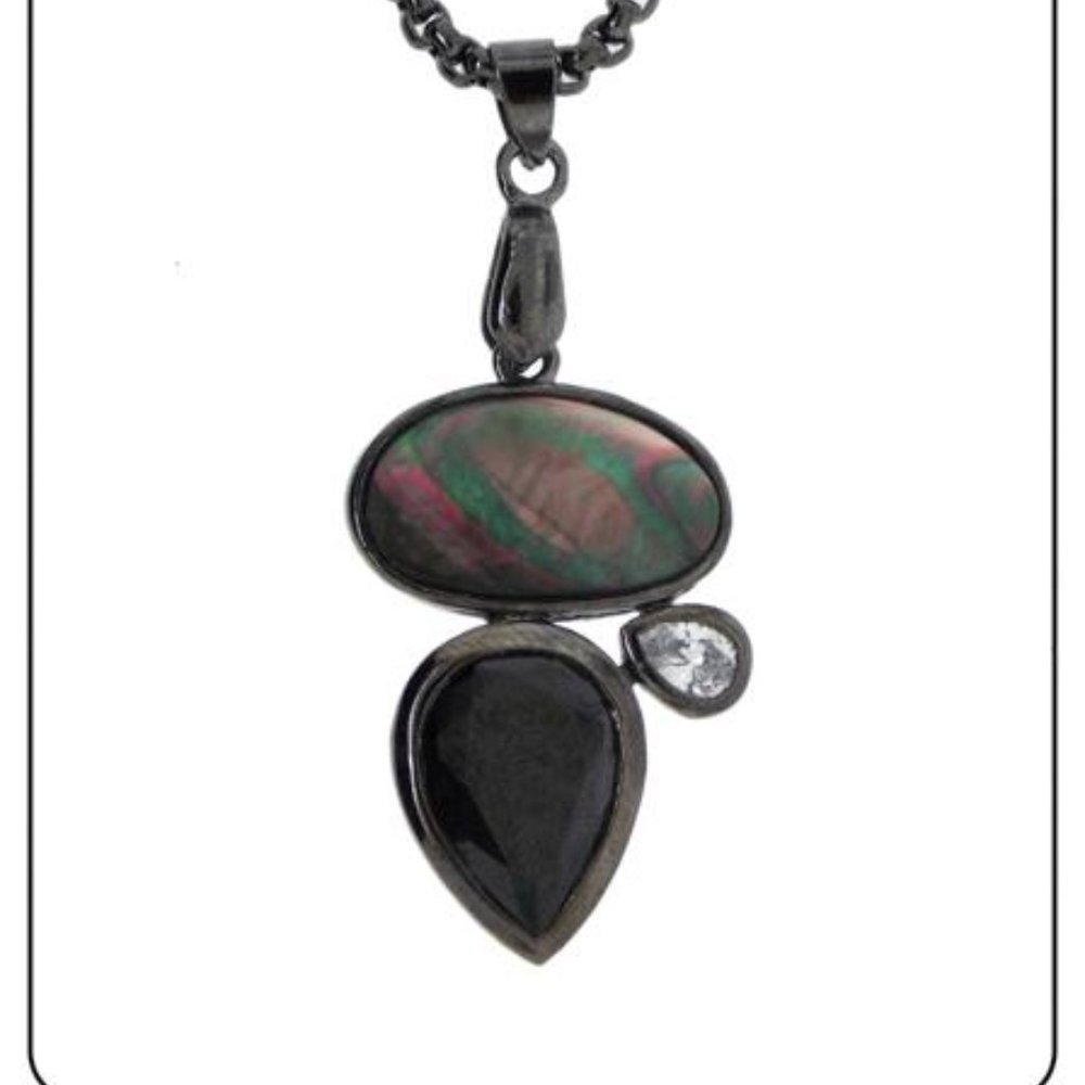 Pendant Black Mother of Pearl Stone Jet Cubic Zirconia silver chain NWT